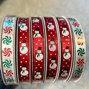 Holiday Snowmen & Candies Narrow Spools Of Ribbon Assortment Set Of Six New